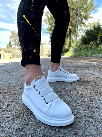 J889 Bağcıksız Lastikli 3 Bantlı Ortopedik Taban Günlük Erkek Spor Sneaker Ayakkabı BT Beyaz