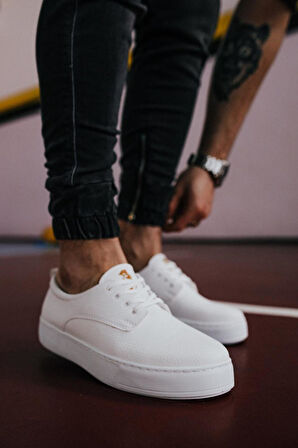 J077 Bağcıklı Ortopedik Taban Erkek Günlük Sneaker Spor Ayakkabı BT Beyaz