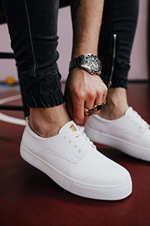 J077 Bağcıklı Ortopedik Taban Erkek Günlük Sneaker Spor Ayakkabı BT Beyaz