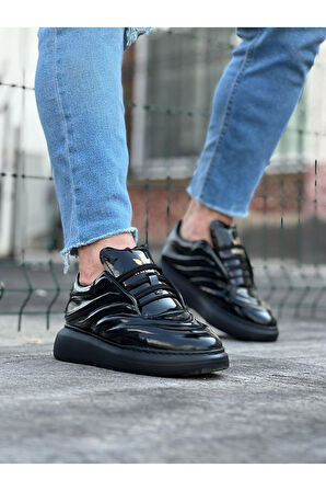 J094 Bağcıklı Ortopedik Taban Erkek Sneaker Günlük Rugan Ayakkabı ST Siyah