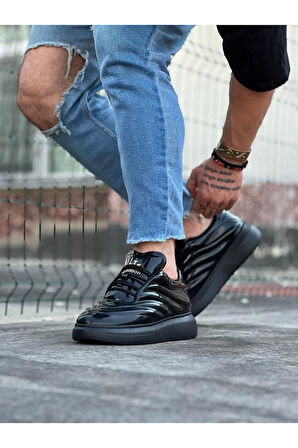 J094 Bağcıklı Ortopedik Taban Erkek Sneaker Günlük Rugan Ayakkabı ST Siyah