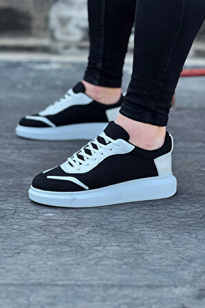 J019 Bağcıklı Ortopedik Taban Triko Erkek Sneaker Günlük Ayakkabı BT Siyah/Beyaz