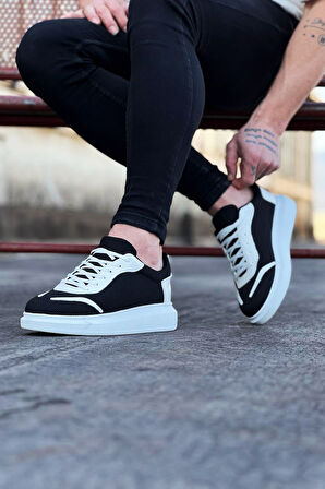 J019 Bağcıklı Ortopedik Taban Triko Erkek Sneaker Günlük Ayakkabı BT Siyah/Beyaz