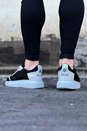 J019 Bağcıklı Ortopedik Taban Triko Erkek Sneaker Günlük Ayakkabı BT Siyah/Beyaz