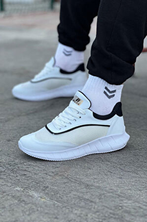 J062 Bağcıklı Ortopedik Taban Triko Erkek Sneaker Günlük Spor Ayakkabı BT Beyaz/Siyah
