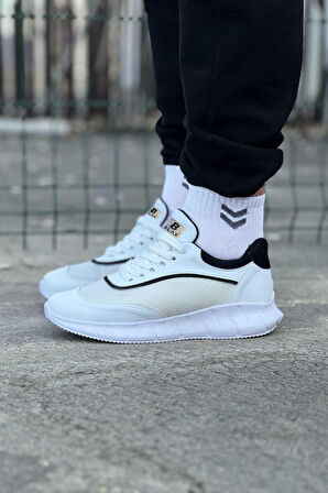 J062 Bağcıklı Ortopedik Taban Triko Erkek Sneaker Günlük Spor Ayakkabı BT Beyaz/Siyah