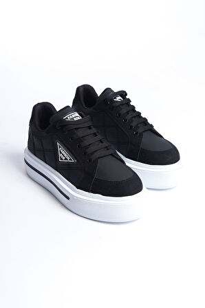 GRACE Bağcıklı Ortopedik Taban Desenli Kadın Sneaker Ayakkabı BT Siyah