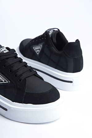 GRACE Bağcıklı Ortopedik Taban Desenli Kadın Sneaker Ayakkabı BT Siyah