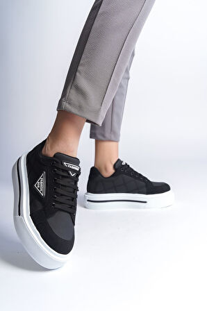 GRACE Bağcıklı Ortopedik Taban Desenli Kadın Sneaker Ayakkabı BT Siyah