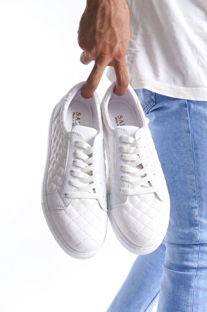 J166 Prestige Bağcıklı Cilt Kapitone Desenli Erkek Günlük Sneaker Ayakkabı BT Beyaz