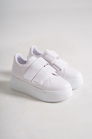 VENEDIK Bağcıksız Cırtlı 2 Bantlı Ortopedik Taban Kadın Sneaker Günlük Ayakkabı BT Beyaz