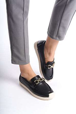 HAZEL Bağcıksız Ortopedik Rahat Taban Kalp Desenli Kadın Babet Ayakkabı KT Siyah