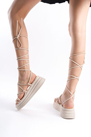 MIRELA Bilekten Bağlamalı Ortopedik Taban Kadın Terlik KT Krem