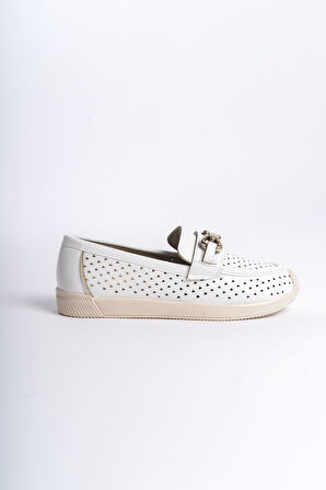 HAZEL Bağcıksız Ortopedik Rahat Taban Kalp Desenli Kadın Babet Ayakkabı KT Beyaz