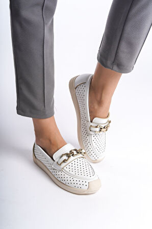 HAZEL Bağcıksız Ortopedik Rahat Taban Kalp Desenli Kadın Babet Ayakkabı KT Beyaz