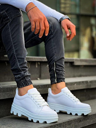 J056 Bağcıklı Ortopedik Taban Günlük Cilt Erkek Spor Sneaker Ayakkabı BT Beyaz