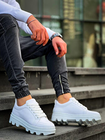 J056 Bağcıklı Ortopedik Taban Günlük Cilt Erkek Spor Sneaker Ayakkabı BT Beyaz