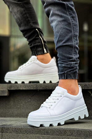 J056 Bağcıklı Ortopedik Taban Günlük Cilt Erkek Spor Sneaker Ayakkabı BT Beyaz