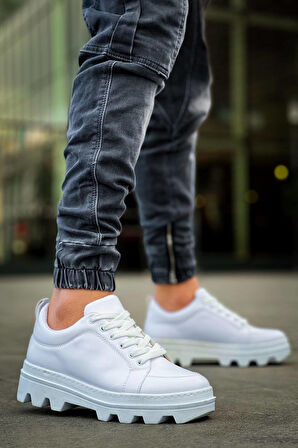 J056 Bağcıklı Ortopedik Taban Günlük Cilt Erkek Spor Sneaker Ayakkabı BT Beyaz