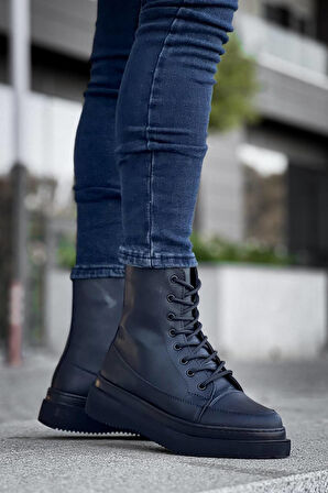 J0991 Bağcıklı Ortopedik Taban Suya ve Soğuğa Dayanıklı Günlük Kışlık Cilt Erkek Bot ST Siyah