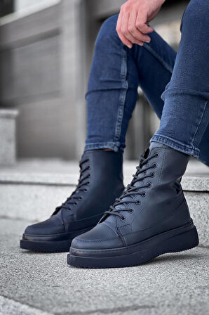 J0991 Bağcıklı Ortopedik Taban Suya ve Soğuğa Dayanıklı Günlük Kışlık Cilt Erkek Bot ST Siyah