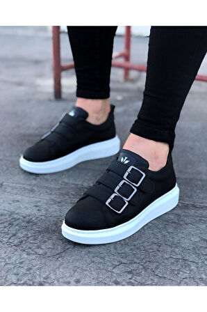 J050 Bağcıksız 3 Bant Tokalı Ortopedik Taban Erkek Sneaker Günlük Ayakkabı BT Siyah