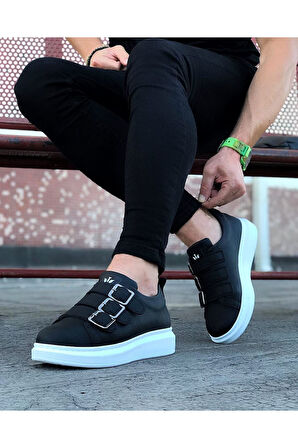 J050 Bağcıksız 3 Bant Tokalı Ortopedik Taban Erkek Sneaker Günlük Ayakkabı BT Siyah