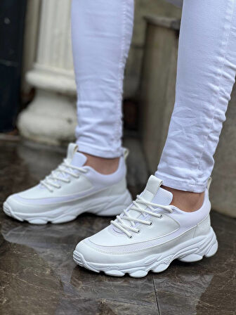 J707 Bağcıklı Ortopedik Taban Günlük Erkek Spor Sneaker Ayakkabı BT Beyaz