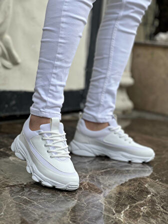 J707 Bağcıklı Ortopedik Taban Günlük Erkek Spor Sneaker Ayakkabı BT Beyaz