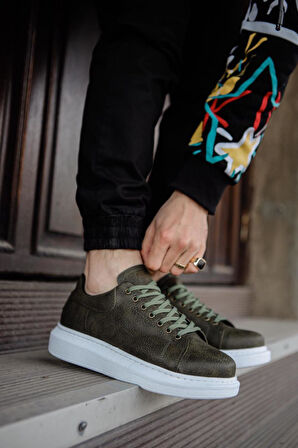 J044 Bağcıklı Ortopedik Taban Erkek Günlük Sneaker Spor Ayakkabı BT Haki
