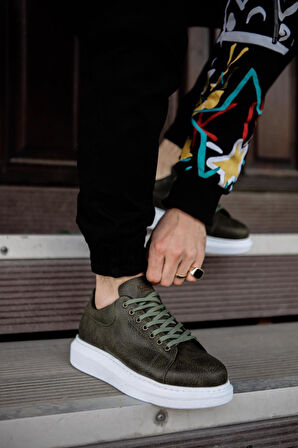J044 Bağcıklı Ortopedik Taban Erkek Günlük Sneaker Spor Ayakkabı BT Haki