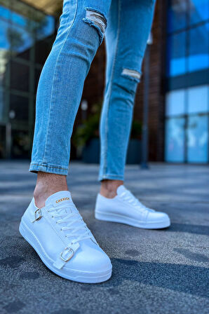 J191 Side Buckle Ortopedik Taban Günlük Cilt Erkek Sneaker Spor Ayakkabı CBT Beyaz