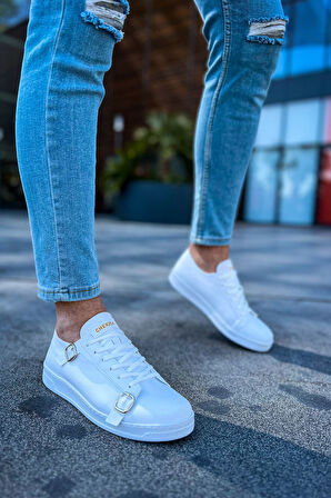 J191 Side Buckle Ortopedik Taban Günlük Cilt Erkek Sneaker Spor Ayakkabı CBT Beyaz