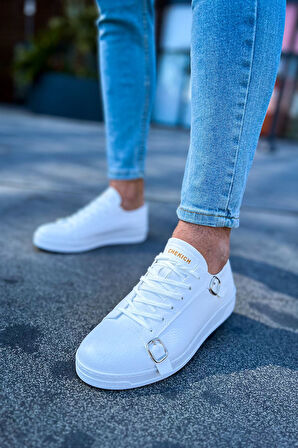 J191 Side Buckle Ortopedik Taban Günlük Cilt Erkek Sneaker Spor Ayakkabı CBT Beyaz