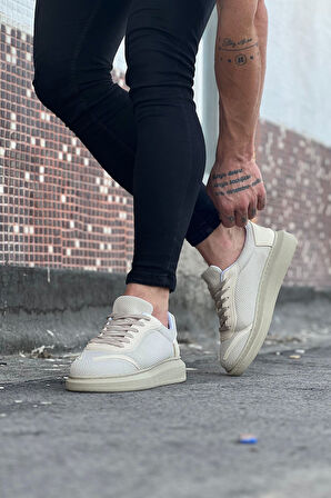 J019 Bağcıklı Ortopedik Taban Triko Erkek Sneaker Günlük Ayakkabı KT Krem