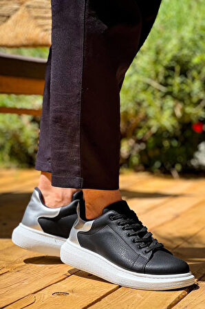 J-X500 Bağcıklı Ortopedik Taban Günlük Erkek Spor Sneaker Ayakkabı BT Siyah/Gümüş