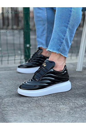 J094 Bağcıklı Ortopedik Taban Erkek Sneaker Günlük Rugan Ayakkabı BT Siyah