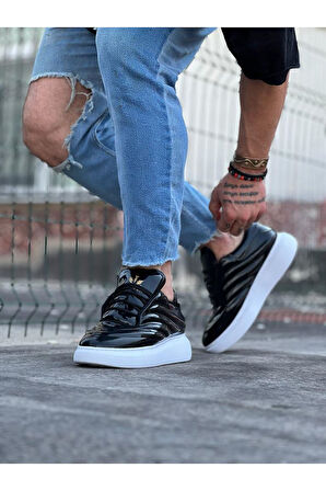 J094 Bağcıklı Ortopedik Taban Erkek Sneaker Günlük Rugan Ayakkabı BT Siyah