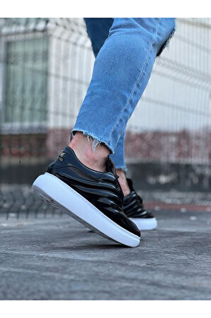 J094 Bağcıklı Ortopedik Taban Erkek Sneaker Günlük Rugan Ayakkabı BT Siyah