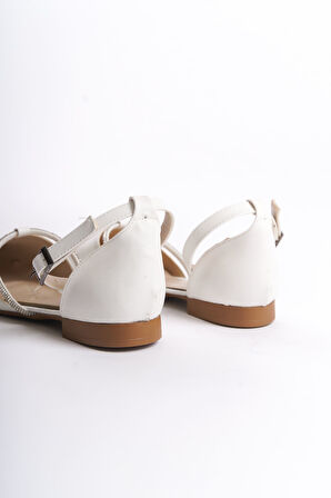 AURORA Tokalı Ortopedik Rahat Taban Taş Detaylı Kadın Babet Ayakkabı KT Beyaz