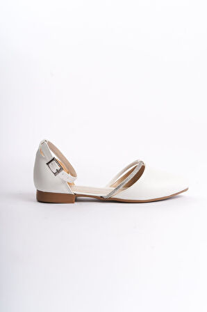 AURORA Tokalı Ortopedik Rahat Taban Taş Detaylı Kadın Babet Ayakkabı KT Beyaz