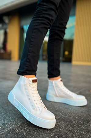 J167 Blazer Bağcıklı Fermuarlı Ortopedik Taban Günlük Cilt Erkek Spor Bot CBT Beyaz