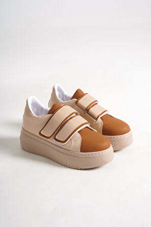 VENEDIK Bağcıksız Cırtlı 2 Bantlı Ortopedik Taban Kadın Sneaker Günlük Ayakkabı TT Ten/Kahve