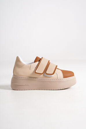 VENEDIK Bağcıksız Cırtlı 2 Bantlı Ortopedik Taban Kadın Sneaker Günlük Ayakkabı TT Ten/Kahve