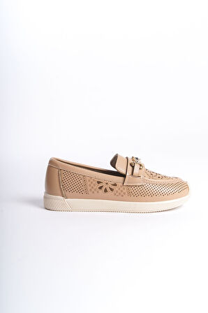 HIRA Bağcıksız Ortopedik Rahat Taban Çiçek Desenli Kadın Babet Ayakkabı KT Ten