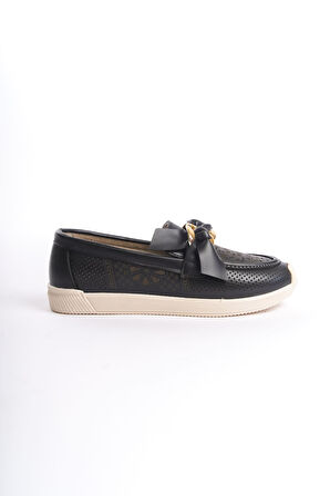 HANDY Bağcıksız Ortopedik Rahat Taban Çiçek Desenli Kadın Babet Ayakkabı KT Siyah