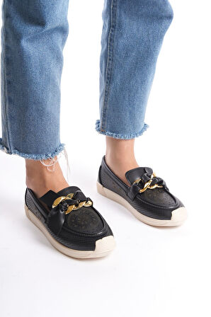 HANDY Bağcıksız Ortopedik Rahat Taban Çiçek Desenli Kadın Babet Ayakkabı KT Siyah