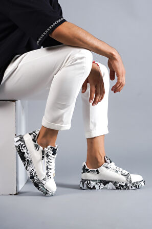 J02 Bağcıklı Timsah Desenli Siyah Baskılı Ortopedik Taban Erkek Spor Sneaker Ayakkabı BT Beyaz