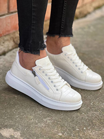 J-309 Bağcıklı Fermuarlı Ortopedik Taban Günlük Erkek Spor Sneaker Ayakkabı BT Beyaz