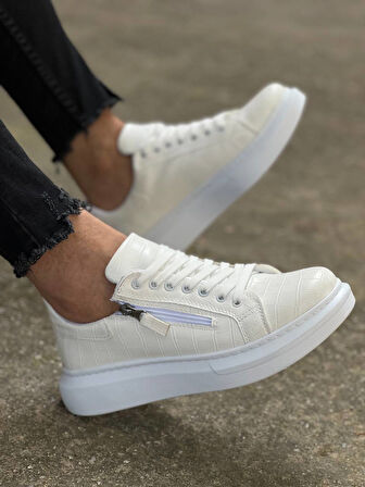 J-309 Bağcıklı Fermuarlı Ortopedik Taban Günlük Erkek Spor Sneaker Ayakkabı BT Beyaz